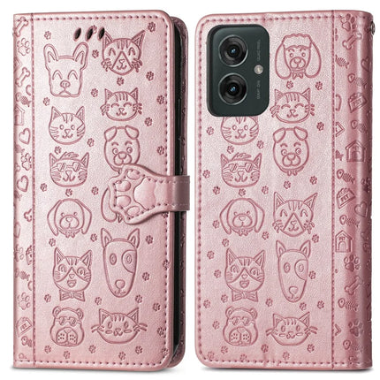 For Motorola Moto G55 5G Case Leather Wallet Flip Phone Cover Cute Cat Dog Pattern - Rose Gold