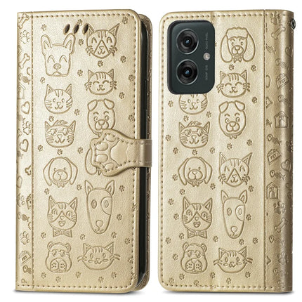 For Motorola Moto G55 5G Case Leather Wallet Flip Phone Cover Cute Cat Dog Pattern - Gold