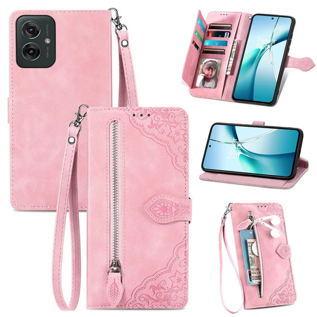 For Motorola Moto G55 5G Zipper Wallet Case Flower Imprint Design PU Leather Phone Cover - Pink