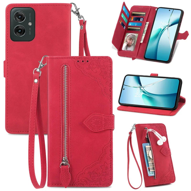 For Motorola Moto G55 5G Zipper Wallet Case Flower Imprint Design PU Leather Phone Cover - Red