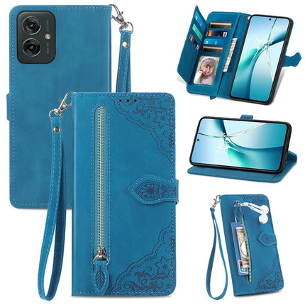 For Motorola Moto G55 5G Zipper Wallet Case Flower Imprint Design PU Leather Phone Cover - Blue