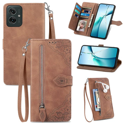 For Motorola Moto G55 5G Zipper Wallet Case Flower Imprint Design PU Leather Phone Cover - Brown