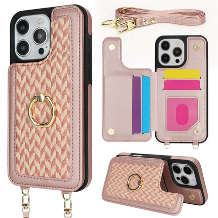 For iPhone 16 Pro Case with Card Holder, Kickstand, RFID Blocking PU+TPU Phone Back Cover - Pink