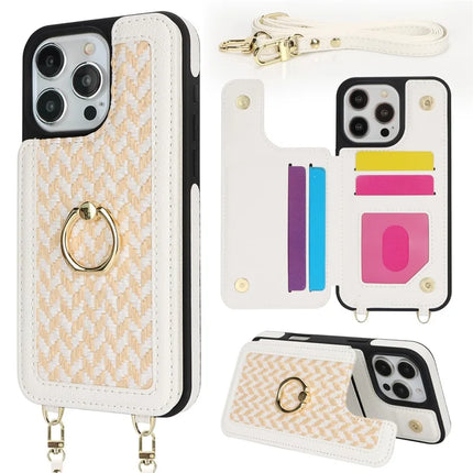 For iPhone 16 Pro Case with Card Holder, Kickstand, RFID Blocking PU+TPU Phone Back Cover - White