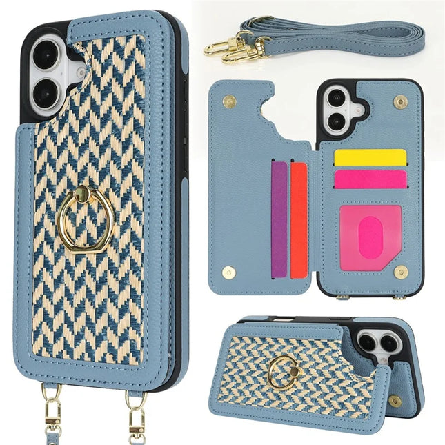 For iPhone 16 Plus Case with Card Holder, Kickstand, RFID Blocking PU+TPU Phone Back Cover - Blue