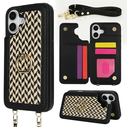 For iPhone 16 Plus Case with Card Holder, Kickstand, RFID Blocking PU+TPU Phone Back Cover - Black