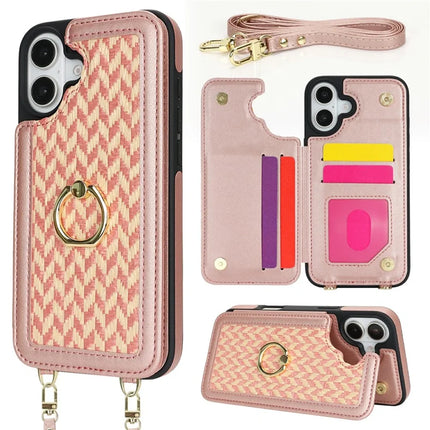 For iPhone 16 Plus Case with Card Holder, Kickstand, RFID Blocking PU+TPU Phone Back Cover - Pink