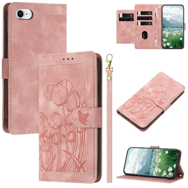Leather Case for iPhone SE (2022) / SE (2020) / 8 / 7 / 6s / 6 Tulip Phone Cover with 5 Card Slots Wallet - Pink