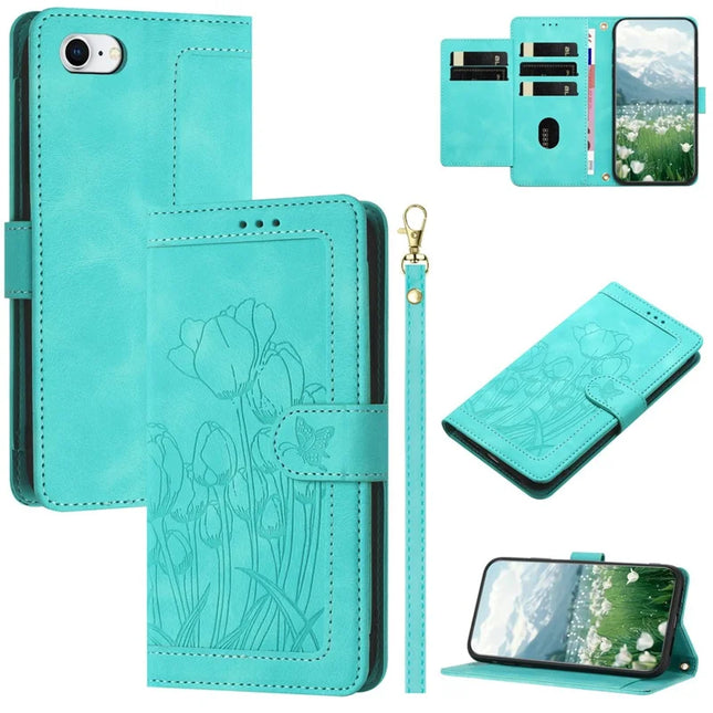 Leather Case for iPhone SE (2022) / SE (2020) / 8 / 7 / 6s / 6 Tulip Phone Cover with 5 Card Slots Wallet - Green