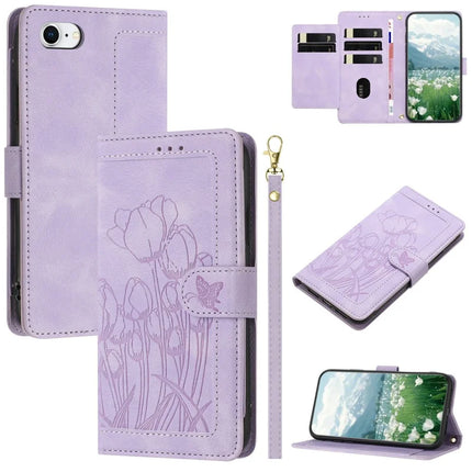 Leather Case for iPhone SE (2022) / SE (2020) / 8 / 7 / 6s / 6 Tulip Phone Cover with 5 Card Slots Wallet - Purple