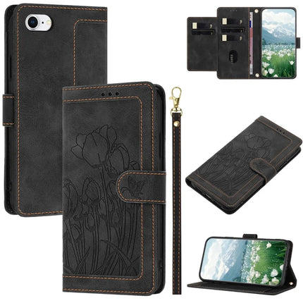 Leather Case for iPhone SE (2022) / SE (2020) / 8 / 7 / 6s / 6 Tulip Phone Cover with 5 Card Slots Wallet - Black