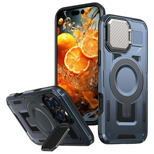 For iPhone 16 Pro Case Compatible with MagSafe Lens Lid Kickstand PC+TPU Back Cover - Blue