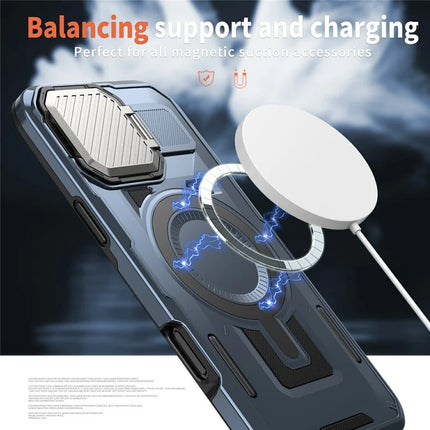For iPhone 16 Pro Case Compatible with MagSafe Lens Lid Kickstand PC+TPU Back Cover