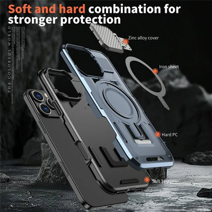 For iPhone 16 Pro Case Compatible with MagSafe Lens Lid Kickstand PC+TPU Back Cover
