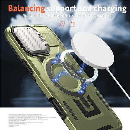 For iPhone 16 Pro Case Compatible with MagSafe Lens Lid Kickstand PC+TPU Back Cover
