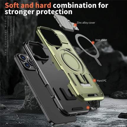 For iPhone 16 Pro Case Compatible with MagSafe Lens Lid Kickstand PC+TPU Back Cover
