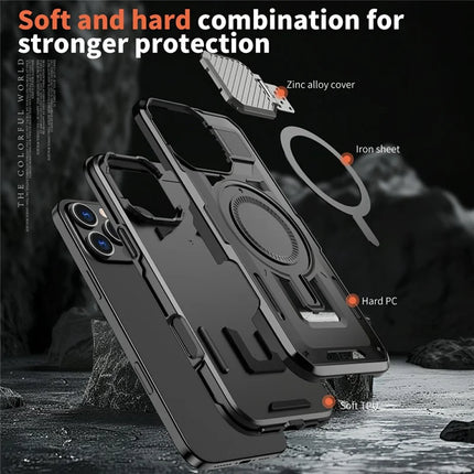 For iPhone 16 Pro Case Compatible with MagSafe Lens Lid Kickstand PC+TPU Back Cover