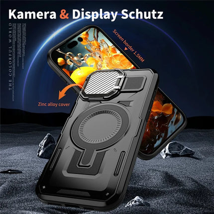 For iPhone 16 Pro Case Compatible with MagSafe Lens Lid Kickstand PC+TPU Back Cover