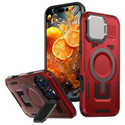 For iPhone 16 Pro Case Compatible with MagSafe Lens Lid Kickstand PC+TPU Back Cover - Red