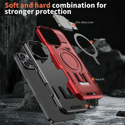 For iPhone 16 Pro Case Compatible with MagSafe Lens Lid Kickstand PC+TPU Back Cover