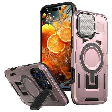 For iPhone 16 Pro Case Compatible with MagSafe Lens Lid Kickstand PC+TPU Back Cover - Rose Gold