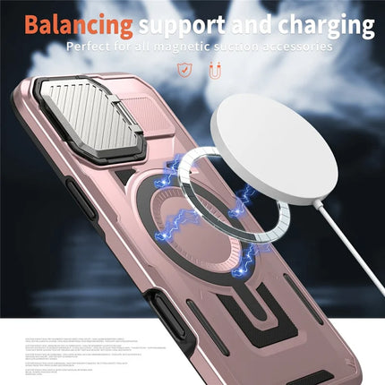For iPhone 16 Pro Case Compatible with MagSafe Lens Lid Kickstand PC+TPU Back Cover