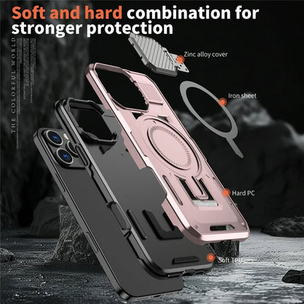 For iPhone 16 Pro Case Compatible with MagSafe Lens Lid Kickstand PC+TPU Back Cover
