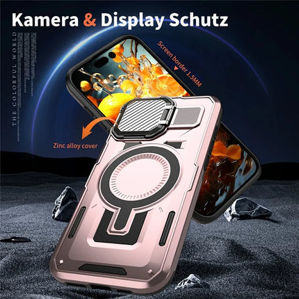 For iPhone 16 Pro Case Compatible with MagSafe Lens Lid Kickstand PC+TPU Back Cover