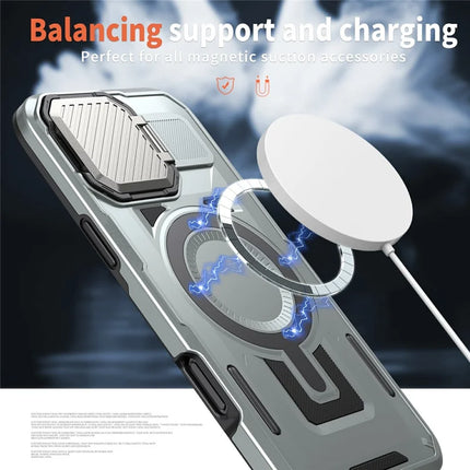 For iPhone 16 Pro Case Compatible with MagSafe Lens Lid Kickstand PC+TPU Back Cover