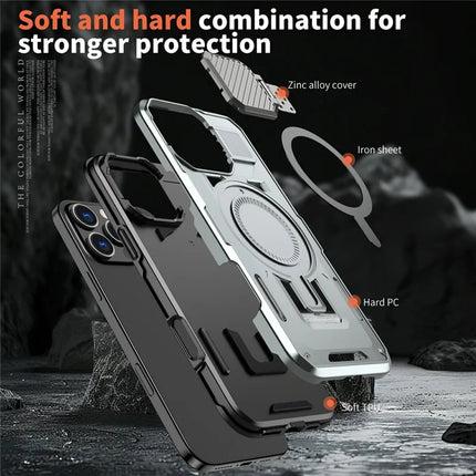 For iPhone 16 Pro Case Compatible with MagSafe Lens Lid Kickstand PC+TPU Back Cover