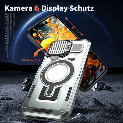 For iPhone 16 Pro Case Compatible with MagSafe Lens Lid Kickstand PC+TPU Back Cover