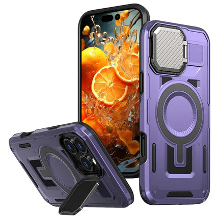 For iPhone 16 Pro Case Compatible with MagSafe Lens Lid Kickstand PC+TPU Back Cover - Purple