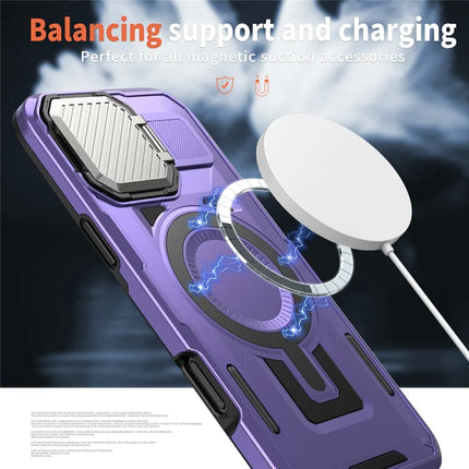 For iPhone 16 Pro Case Compatible with MagSafe Lens Lid Kickstand PC+TPU Back Cover