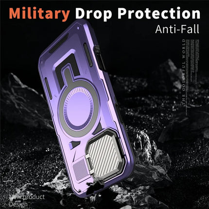 For iPhone 16 Pro Case Compatible with MagSafe Lens Lid Kickstand PC+TPU Back Cover