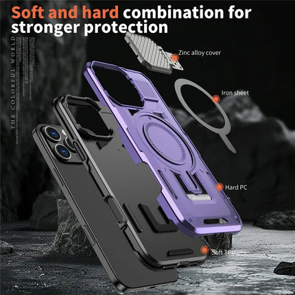 For iPhone 16 Pro Case Compatible with MagSafe Lens Lid Kickstand PC+TPU Back Cover