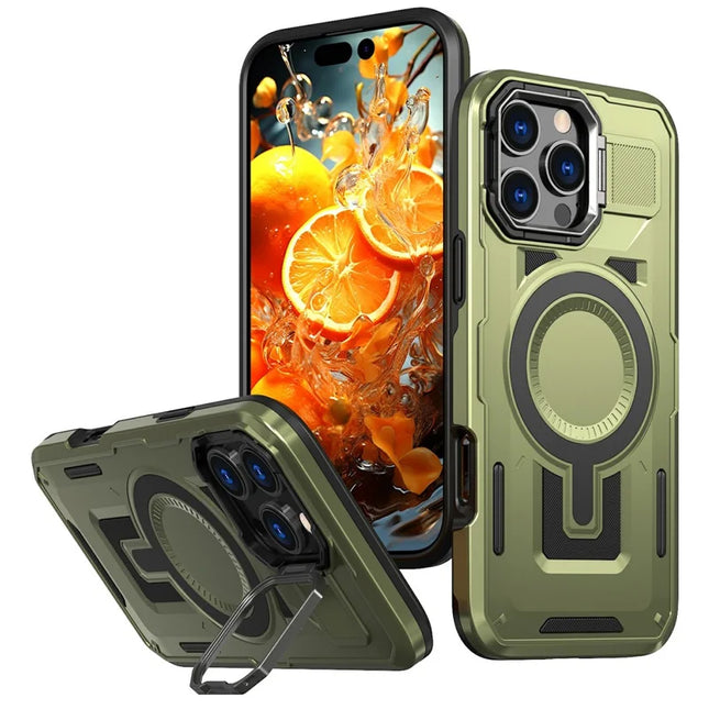 For iPhone 16 Pro Max Case Compatible with MagSafe Lens Frame Kickstand PC+TPU Back Cover - Olive Green