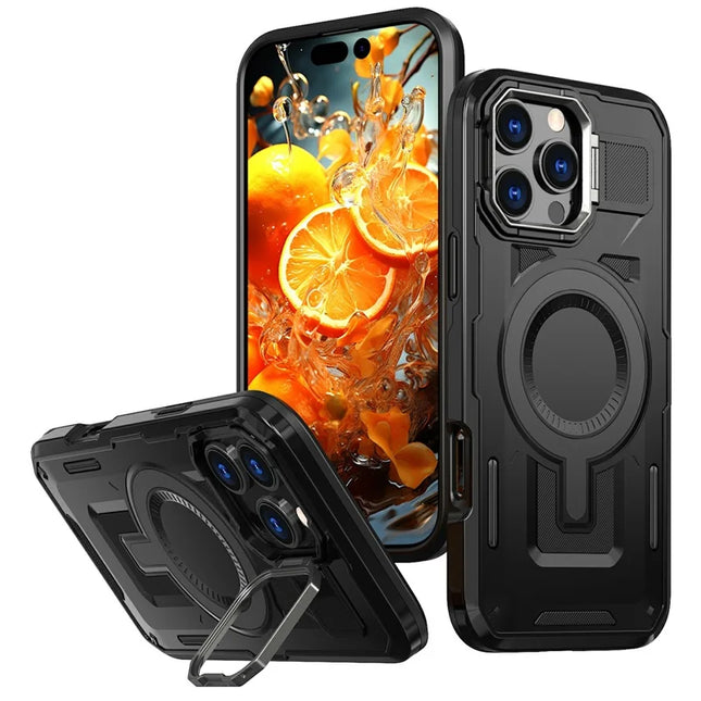 For iPhone 16 Pro Max Case Compatible with MagSafe Lens Frame Kickstand PC+TPU Back Cover - Black