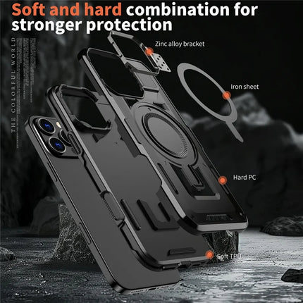 For iPhone 16 Pro Max Case Compatible with MagSafe Lens Frame Kickstand PC+TPU Back Cover