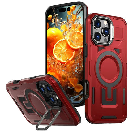 For iPhone 16 Pro Max Case Compatible with MagSafe Lens Frame Kickstand PC+TPU Back Cover - Red
