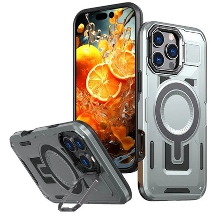 For iPhone 16 Pro Max Case Compatible with MagSafe Lens Frame Kickstand PC+TPU Back Cover - Silver