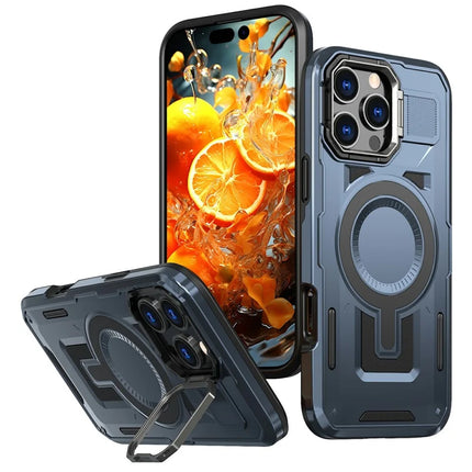 For iPhone 16 Pro Max Case Compatible with MagSafe Lens Frame Kickstand PC+TPU Back Cover - Blue