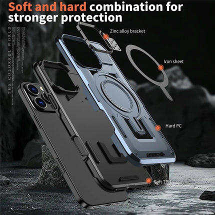 For iPhone 16 Pro Max Case Compatible with MagSafe Lens Frame Kickstand PC+TPU Back Cover