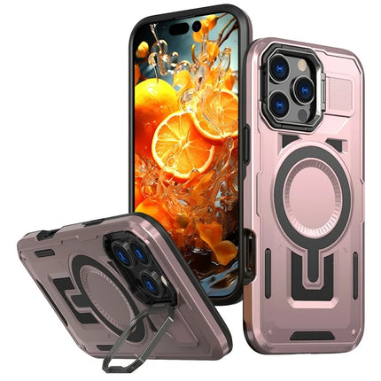 For iPhone 16 Pro Max Case Compatible with MagSafe Lens Frame Kickstand PC+TPU Back Cover - Rose Gold