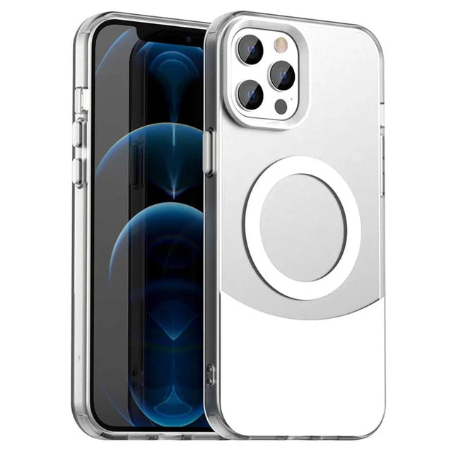 For iPhone 13 Pro Max Case Compatible with MagSafe Color Splicing IMD TPU+PET+PC Mobile Cover - White