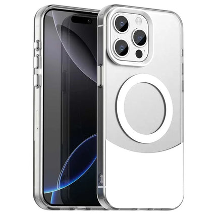 For iPhone 15 Pro Max Case Compatible with MagSafe Color Splicing IMD TPU+PET+PC Mobile Cover - White