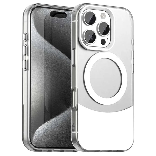For iPhone 16 Pro Max Case Compatible with MagSafe Color Splicing IMD TPU+PET+PC Mobile Cover - White