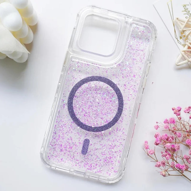 For iPhone 15 Pro Max Case Compatible with MagSafe Sparkle Epoxy PC+TPU Phone Cover - Purple