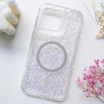For iPhone 15 Pro Max Case Compatible with MagSafe Sparkle Epoxy PC+TPU Phone Cover - Silver