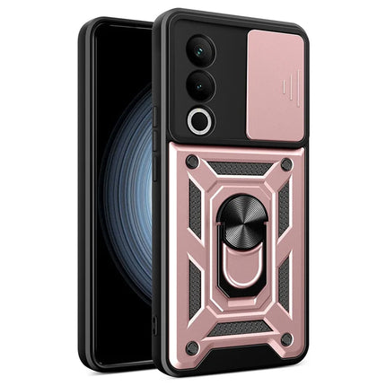 For OnePlus Nord CE4 5G Case with Slide Camera Lid PC+TPU Kickstand Phone Cover - Rose Gold