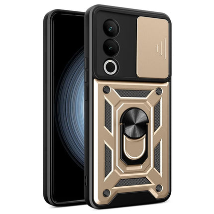 For OnePlus Nord CE4 5G Case with Slide Camera Lid PC+TPU Kickstand Phone Cover - Gold